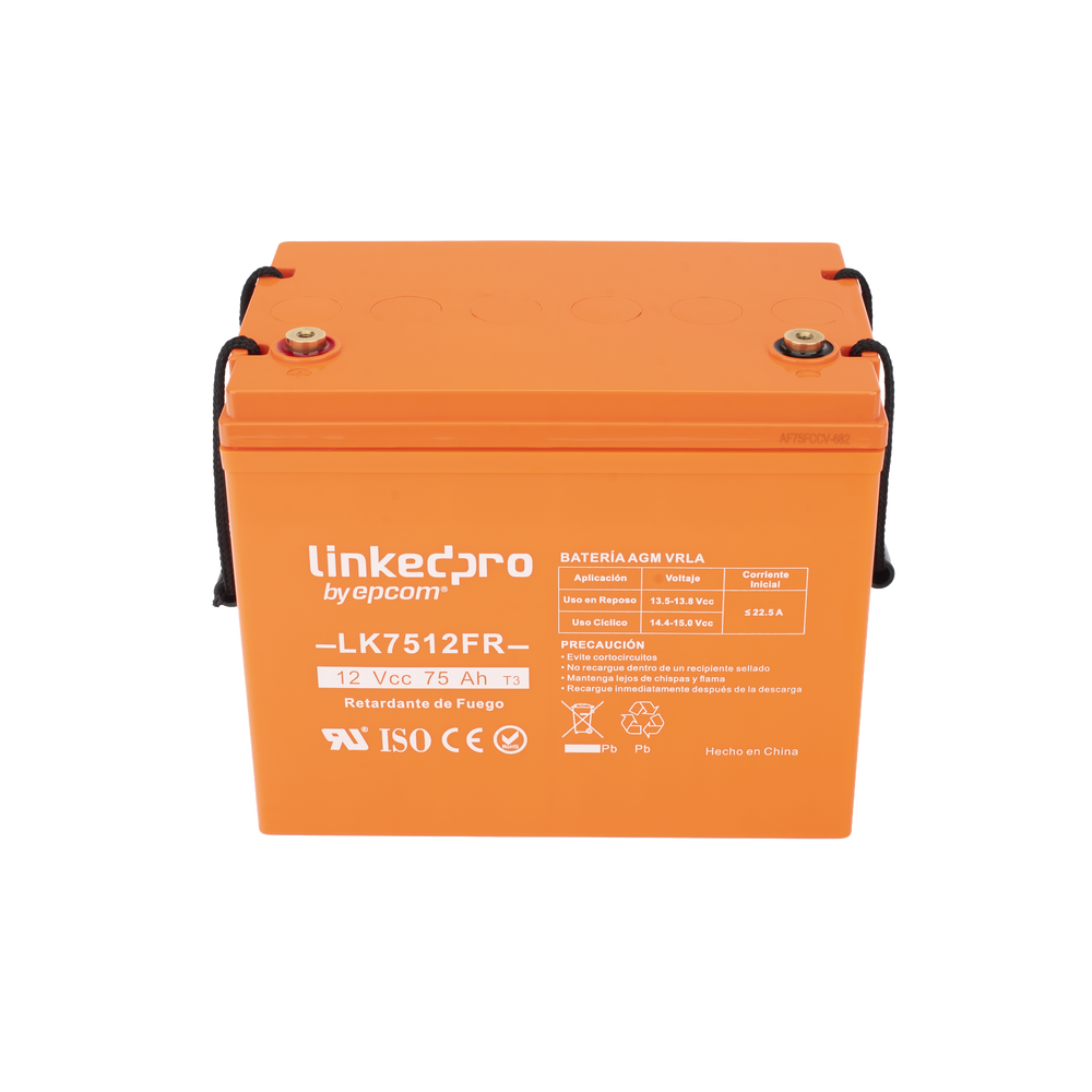 Batería 12 V / 75 Ah / UL / Tecnología AGM-VRLA / Vida útil promedio de 5 años / Retardo a la flama / Para uso en equipo electrónico, Alarmas de Intrusión / Incendio/ Control de acceso / Video Vigilancia / Termina