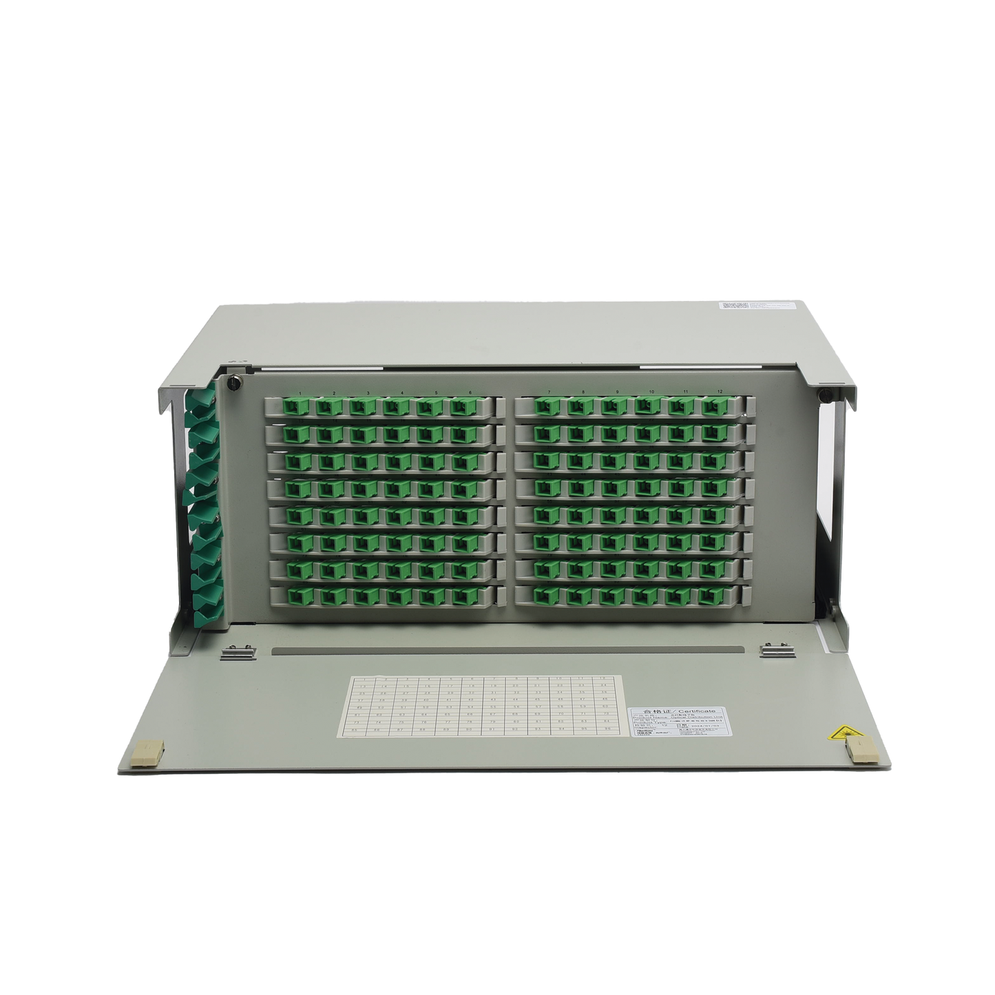 Distribuidor de Fibra Óptica para 96 empalmes, con 96 acopladores SC/APC y 96 pigtails, 19", 4 UR