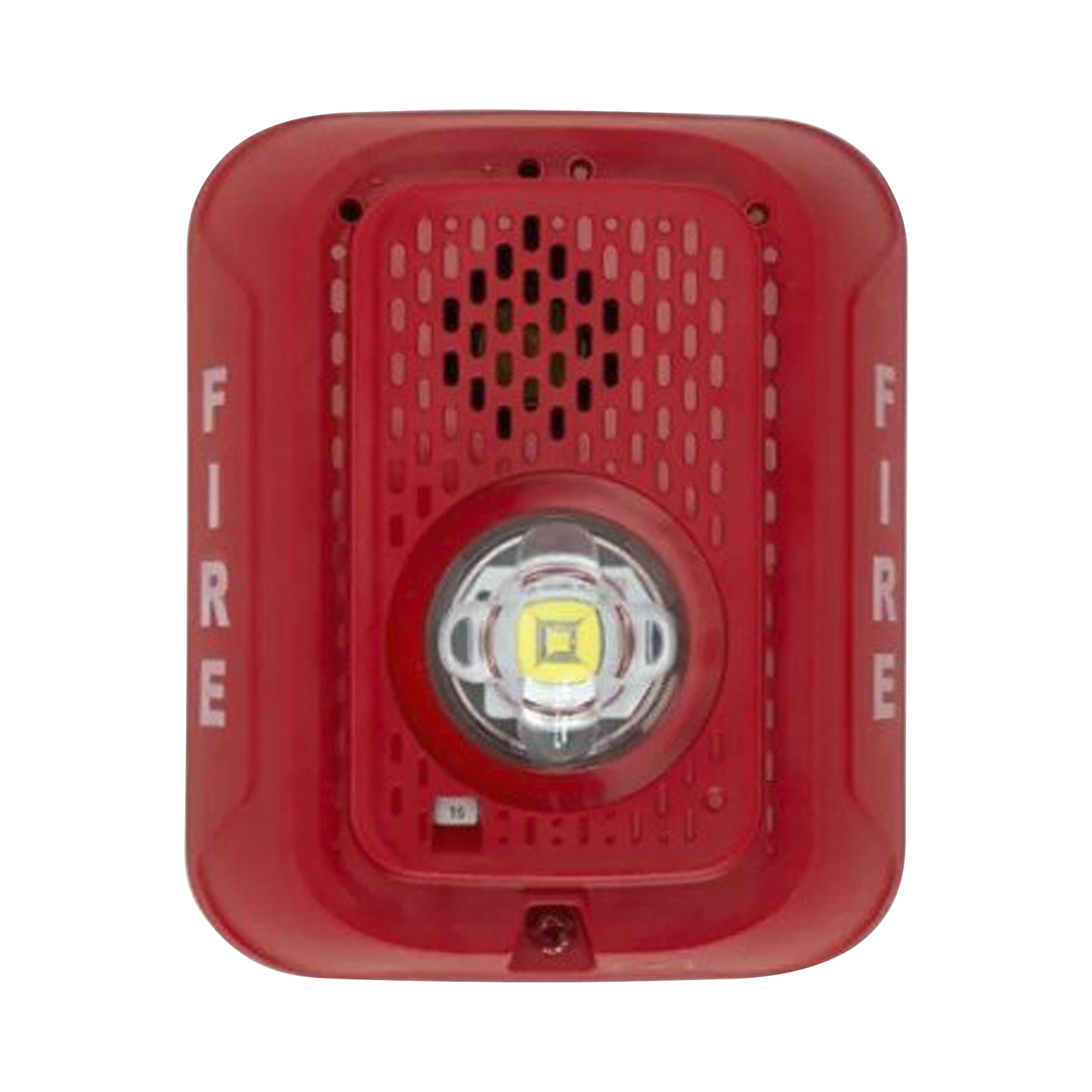 Sirena con Lámpara LED Estroboscópica / a 2 Hilos / Montaje en Pared / 24 Vcd / Configuración Estroboscópica Seleccionable / Texto en Inglés / Color Rojo