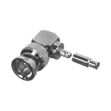 Conector BNC Macho en Ángulo Recto para 75 Ohm, Anillo Plegable para Cable RG-179/U, Grupo S, Níquel/ Oro/ Delrin.