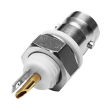 Conector BNC Hembra Aislado para Montaje en Panel Frontal en D-Plano, Soldable para Grupo I, Níquel/ Oro/ Teflón.
