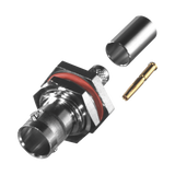 Conector BNC Hembra para Chasis en D-Plano con Aro de Goma, Anillo Plegable para RG-59/U, Grupo D, 75 Ohm, Níquel/ Oro/ Delrin