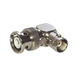 Adaptador en Ángulo Recto para 75 Ohm, de Conector BNC Macho a BNC Hembra (Monitor), Níquel/ Oro/ Teflón.