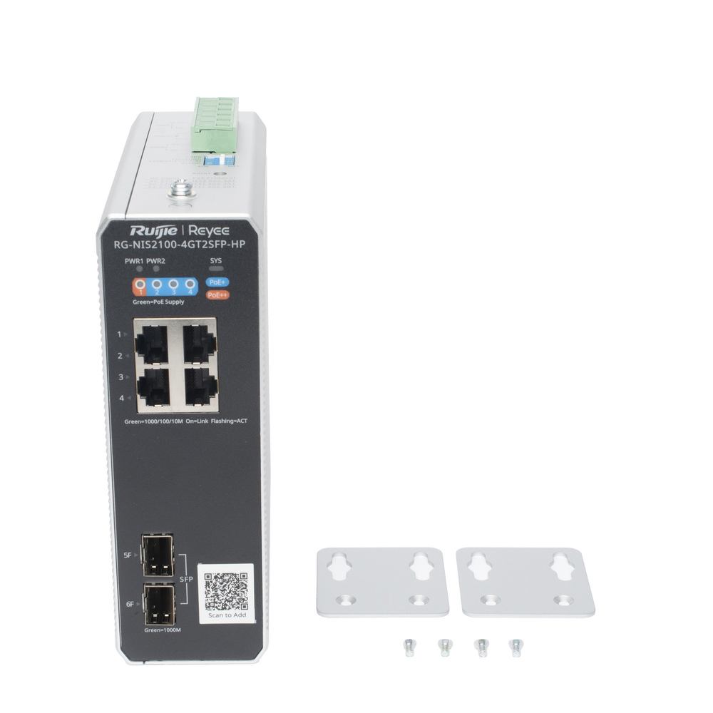 Switch Industrial PoE+ hasta 180 watts , Ideal para temperaturas Extremas y protección contra descargas, 1 puerto PoE++ 60W y 3 puertos PoE+ 30W, 2 SFP Uplink