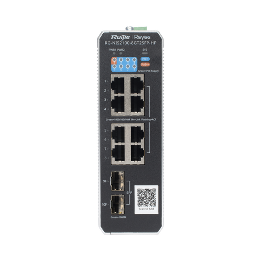 Switch Industrial PoE+ hasta 300 watts , Ideal para temperaturas Extremas y protección contra descargas, 1 puerto PoE++ 60W y 7 puertos PoE+ 30W, 2 SFP Uplink