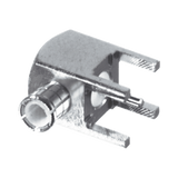 Conector MCX Macho en Ángulo Recto para Montaje en PCB con Terminal y 4 Patas, Oro/ Oro/ Teflón.