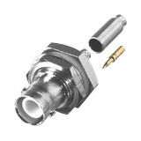 Conector BNC Hembra Inverso de Montaje Trasero en Panel, D-Plano, Hermético de Anillo Plegable para RG-174/U, Níquel/ Oro/ Teflón.