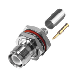 Conector TNC Hembra Inverso de Montaje Trasero en Panel, D-Plano, Hermético de Anillo Plegable para RG-142/U, Níquel/ Oro/ Teflón.