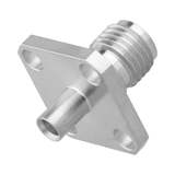 Conector SMA Hembra, 4 Hoyos en Panel de 13 mm, Soldable en Cable Semi-Rígido de 0.047" Diámetro, Grupo SR0, Oro/ Oro/ Teflón.