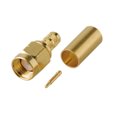 Conector SMA Macho en línea tipo Rosca Izquierda, de Anillo Plegable para Cable RG-142/U y Grupo C1, Oro/ Oro/ Teflón.