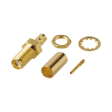 Conector SMA Hembra Rosca Izquierda para Panel, de Anillo Plegable para LMR-195, Grupo C, Oro/ Oro/ Teflón.