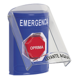 Botón Multipropósito, Color Azul, De Superficie, Con Tapa De Policarbonato, Sin Bocina Prealarma, Para Interior, Girar Para Restablecer, Texto De Emergencia, Español