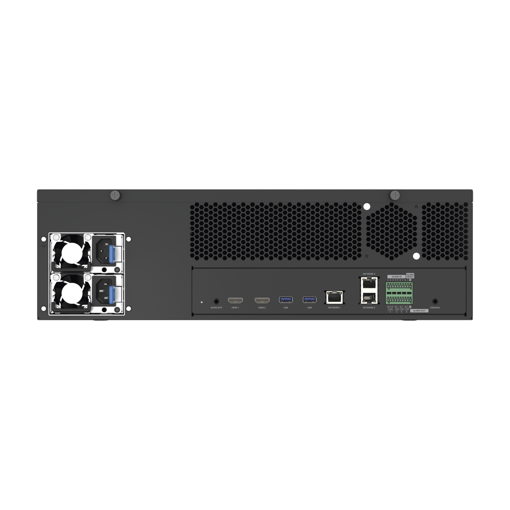 NVR de 64 canales /  Hasta 32 MP / H.265 & Wisestream / Procesamiento 400 Mbps / 3 Puertos de Red / Raid 5-6 / 16 bahias para disco duro (no incluidos)