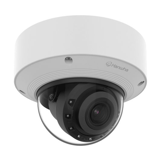 Cámara Domo Vandalismo AI 5MP / IR 50 m (164 ft) / Lente Motorizado 3.3-9.3 mm 2.8x / Doble NPU / Análisis Inteligente IA / IP67 IK10 NEMA4X / Wisenet 9