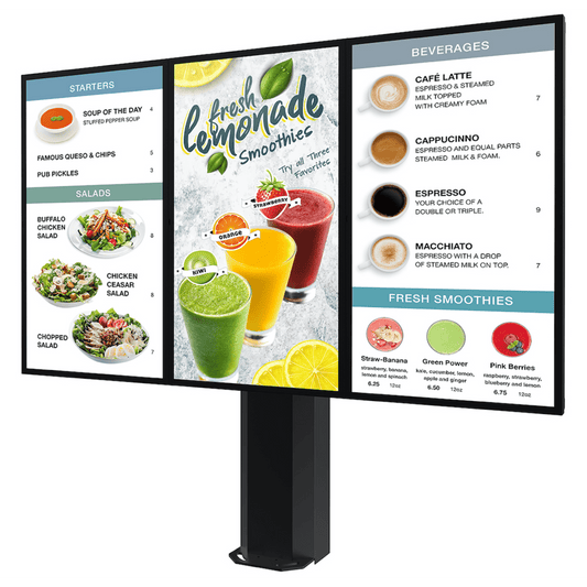 Montaje Tipo Kiosco para exterior compatible con Pantallas de 55" Samsung OH55AS / Diseño Ultradelgado / METAL / Exterior IP65 / Base Pedestal 8" / Soporte para 3 pantallas