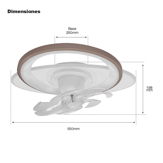 Ventilador de Techo con Luminario LED de 110 V CA 50/60 Hz /  88 W / 3 Tonos de Luz (6500 - 4 000 - 2 700 K) / Con giro 360° / Diámetro 550 mm / 6 Velocidades / Dimeable.