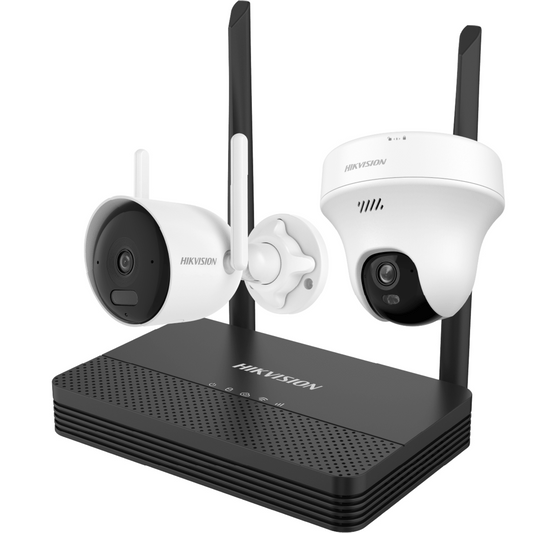 Kit IP Inalámbrico 4 Megapixel / NVS 4 Canales / 1 Cámara Bala Exterior + 1 Cámara Turret Interior con Lente 2.8 mm y Dual Light / Audio Bidireccional (Micrófono y Bocina) / Soporta Micro SD de 512 GB