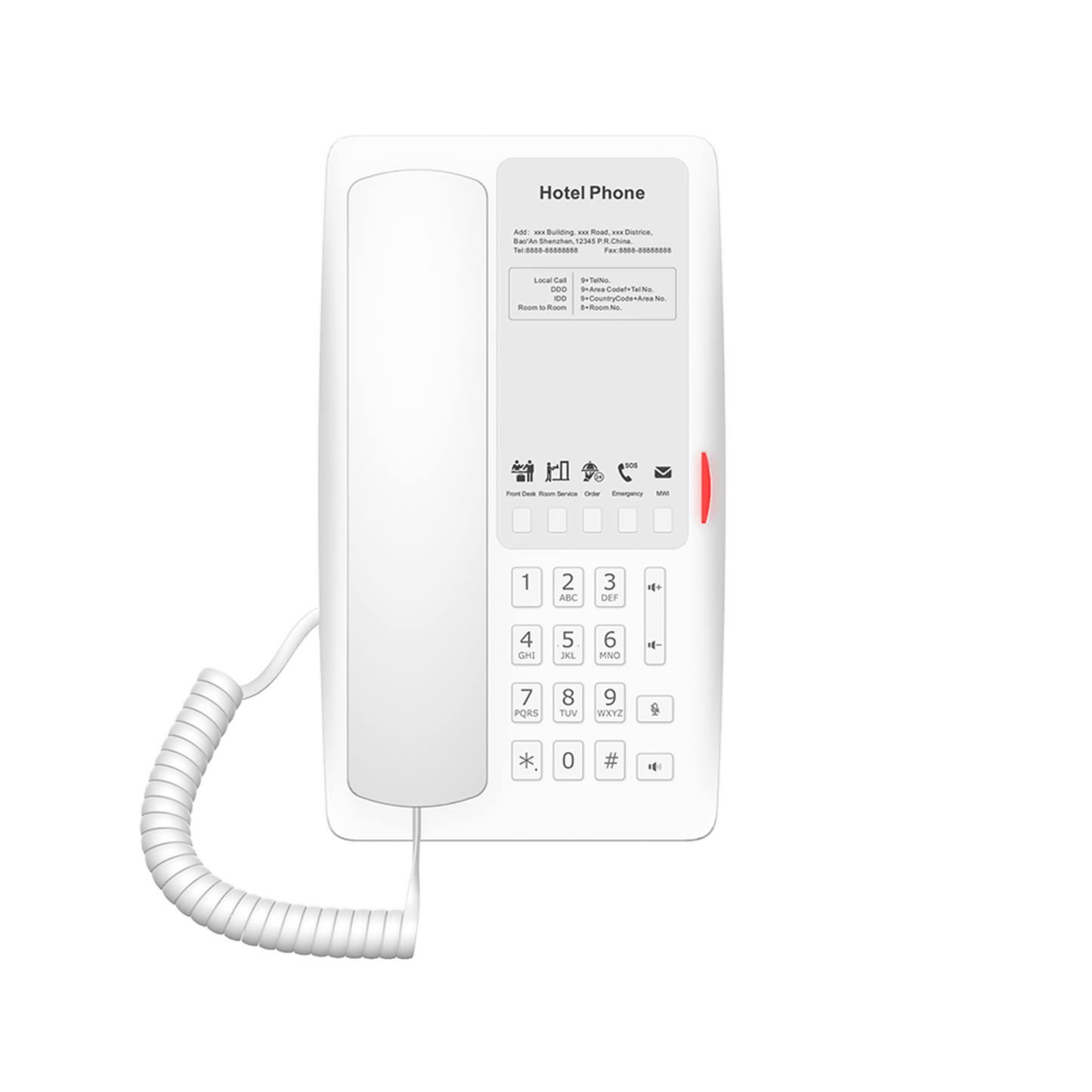 Teléfono IP para Hotelería, Puerto USB-A para Carga, 5 Teclas Programables para Servicio Rápido (Hotline), Plantilla Personalizable con PoE