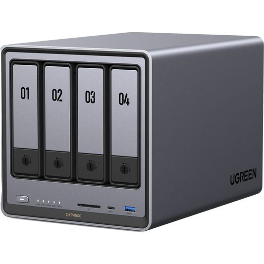 NASync DXP4800 | SO UGOS Pro |  Intel N100 12th Gen Intel® Quad Core™ | 4-Bahias (SATA) hasta 96TB | 2* M.2 SSD hasta 16TB| 8GB DDR5 (Exp. a 16GB) | 2.5Gb Dual Ethernet | HDMI 4K | 2* USB2.0 | 1*USB 3.2Gen | 1* USB 3.2Gen2 | 1*USB-C 3.2Gen2 | SD
