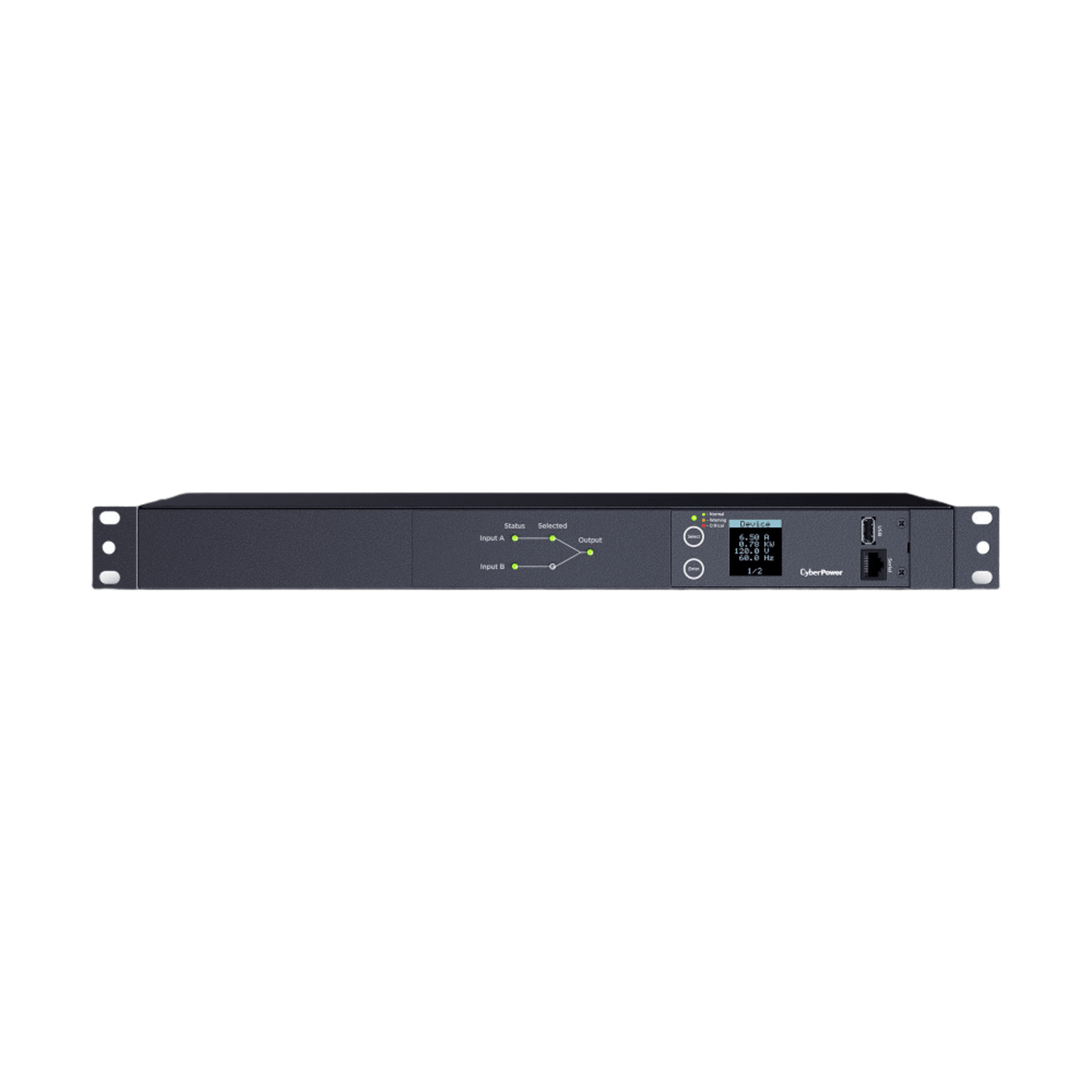 PDU ATS (Fuente Redundante Auto-transferible) Medible, Para Distribución de Energía, 2 Entradas 120 Vca NEMA5-15P, Con 10 Salidas NEMA 5-15R, Horizontal 19in, 1UR