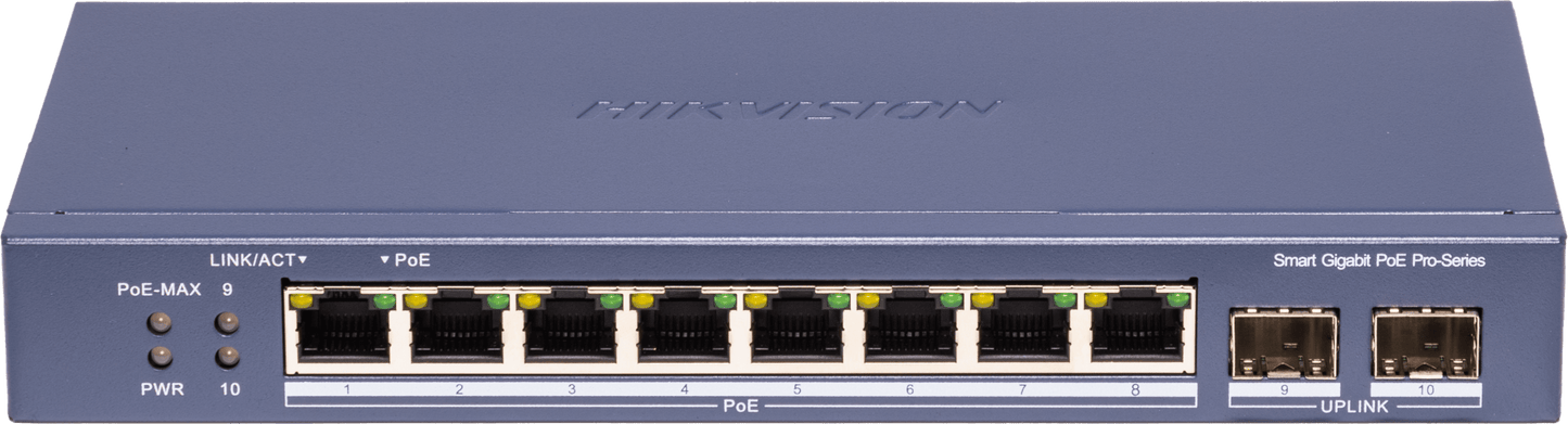 Switch PoE+ / Administrable / Uso en Rack / 8 Puertos 10/100 PoE+ /  2 Puertos 1000 Mbps Uplink  / 2 Puertos SFP / Configuración Nube desde Hik-PartnerPro / Modo Extendido hasta 300 Metros / 125 W