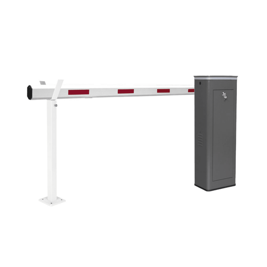 Kit de Barrera Vehicular Izquierda y Brazo Telescópico de Hasta 5.5 m / Finales de Carrera Ajustables por Programación / Movimiento Fluido / Diseño Elegante Color Gris / Con Corona Led Semaforizada