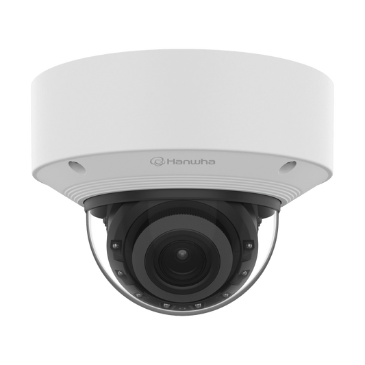 Cámara Domo Vandalismo AI 5MP / IR 50 m (164 ft) / Lente Motorizado 3.3-9.3 mm 2.8x / Doble NPU / Análisis Inteligente IA / IP67 IK10 NEMA4X / Wisenet 9