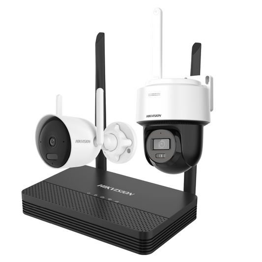 Kit IP Inalámbrico 4 Megapixel / NVS 4 Canales / 1 Cámara Bala Exterior + 1 Cámara Turret Interior con Lente 2.8 mm y Dual Light / Audio Bidireccional (Micrófono y Bocina) / Soporta Micro SD de 512 GB