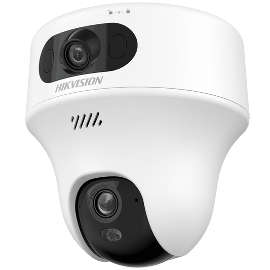 Turret PT  IP de doble lente de 6 Megapixel / Lente 2.8 mm / Dual Light (20 mts IR + 15 mts Luz Blanca) / Wi-Fi / IP54 / dWDR  / H.265 / Audio Bidireccional (Micrófono y Bocina)