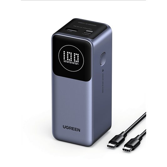 Power Bank de 12000mAh | 3 Salidas 100W Max. | USB-A + 2 USB-C | PD 3.0 | QC3.0 | FCP | SCP | Pantalla Inteligente | Carcasa Ignifuga | Color Gris | Incluye Cable USB de 50cm | Carga tu Laptop de Manera Segura.