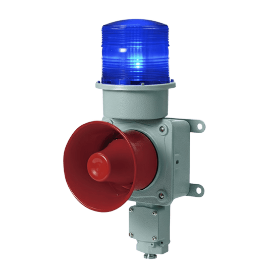 Combinación de baliza LED color Azul con sirena electrónica para aplicaciones de la industria pesada  máx.114 dB a 220 VCA