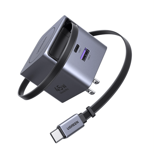 Cargador Rápido UGREEN 45W GaN / Cable Retráctil 0.7m / 3 Puertos USB-C + USB-A / Tecnología GaNInfinity 95% Eficiencia / 8 Capas Protección / Carga Simultánea 3 Dispositivos / Compacto para Viajes