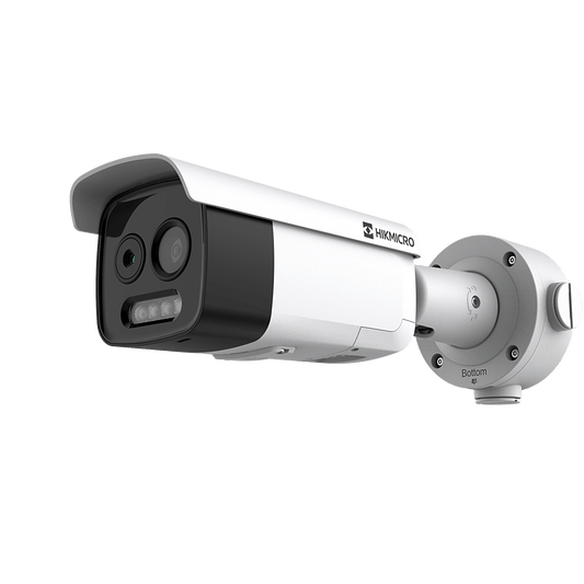 Cámara Bala Bi-espectro Térmica y Óptica/ 5MP Óptica + 256×192 Térmica / IA para Detección Humana 84m y Vehicular 210m / Alarma por Temperatura -20°C a 150°C / Detección de Fuego y Fumadores /