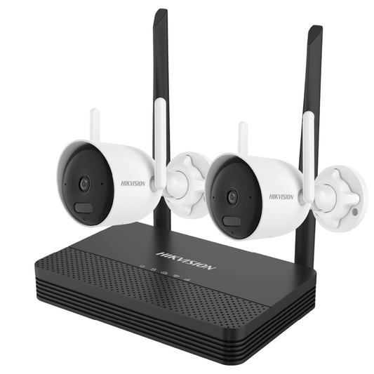 Kit IP Inalámbrico 2 Megapixel (1080p) / NVS 4 Canales / 2 Cámaras Bala para Exterior con Lente 2.8 mm y Dual Light (30 mts IR + 20 mts Luz Blanca) / Audio Bidireccional (Micrófono y Bocina) / Soporta Micro SD de 512 GB