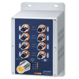 Switch Industrial IP67 8 Puertos 10/100TX M12 / IEEE 802.3at PoE+ / 180W PoE Budget / -40~75°C / Aluminio / DIN-Rail y Montaje en Pared /  Protección ESD y Sobretensiones de 6KV