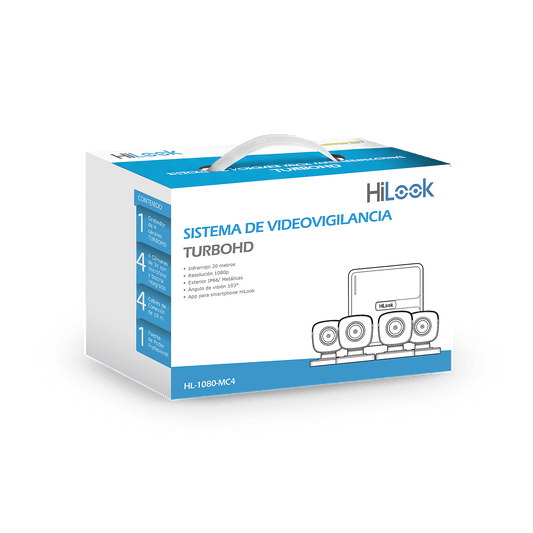 KIT TurboHD 1080p / DVR 4 canales / 4 Cámaras Bala de Metal / H.265+ / 1 Fuente de Poder Profesional / Accesorios de Instalación