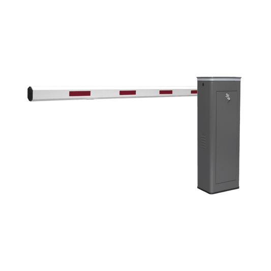 Kit de Barrera Vehicular Izquierda y Brazo de 3 Metros / Finales de Carrera Ajustables por Programación / Movimiento Fluido / Diseño Elegante Color Gris / Con Corona Led Semaforizada